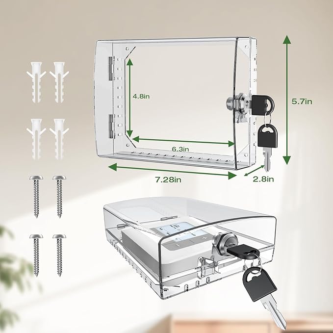 AUURIO 2 PCS Upgraded Thermostat Lock Box with Key, Large Space Thermostat Cover Seamless Anastomosis, Clear Decorative AC Lock Box Cover on Wall Fits Thermostats 4.8" H x 6" W or Smaller