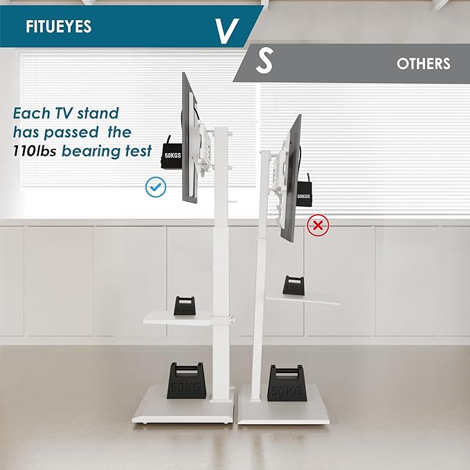 FITUEYES Floor TV Stand with Mount for 32-55 65 Inch TV, Height Adjustable TV Floor Stand with Metal Shelf up to 88lbs, Swivel Tall TV Stand with Study Iron Base for Living Room, Bedroom