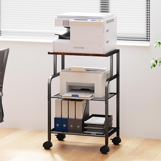 Alexayhome Printer Cart with Wheels,Small Printer Stand with Storage, Printer Table for Home Office, 3 Tier Cart with Adjustable Shelf, Supports Up to 80 Lbs for Home Office, Kitchen, Living Room