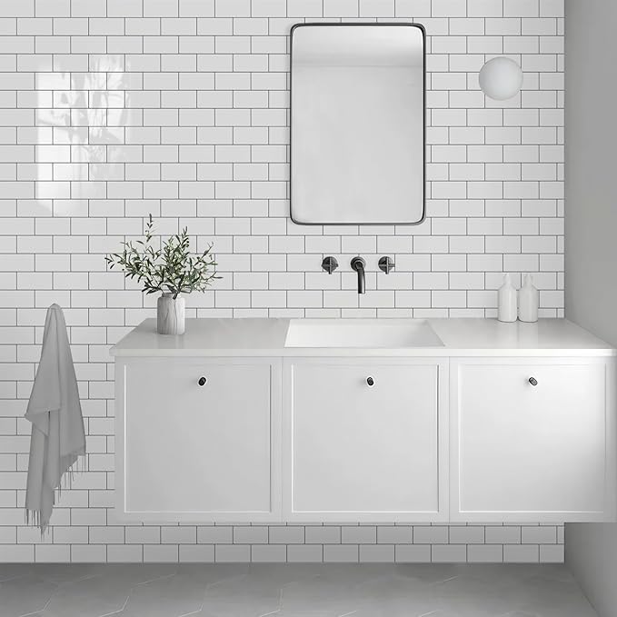 Vamos Tile 100-Piece Glossy Pure White Peel and Stick Backsplash Tile,3''x6'' PVC Subway Tile with Dark Gray Grout,Stick on Backsplash for Kitchen/Bathroom/Fireplace