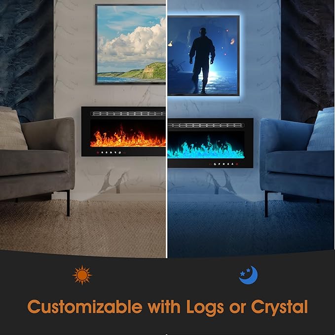70 inch Ultra-Thin Electric Fireplace Recessed and Wall Mounted with Touch Screen Control Panel/Remote Control- Timer,Realistic 5 Flame - Log & Crystal Hearth Options