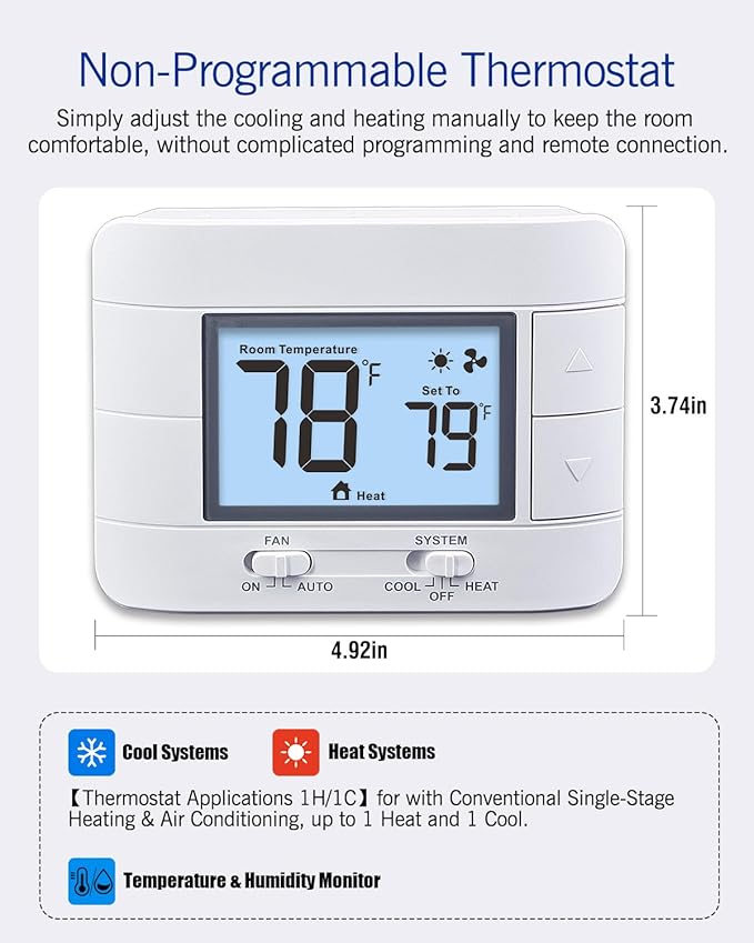 Aowel Non Programmable Thermostat for Home 1 Heat/ 1 Cool Single-Stage System, with Room Temperature Monitor (LCD White Backlit Screen)