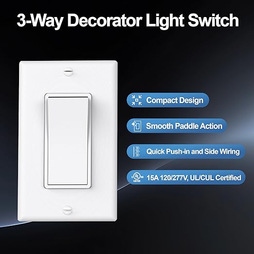 ThunderWay 3 Way Decorator Light Switch with Wall Plates, 15A 120/277V Decora Three Way Electrical Wall Paddle Rocker Switches Replacement, Residential Grade, UL Listed, Glossy White(30 Pack)