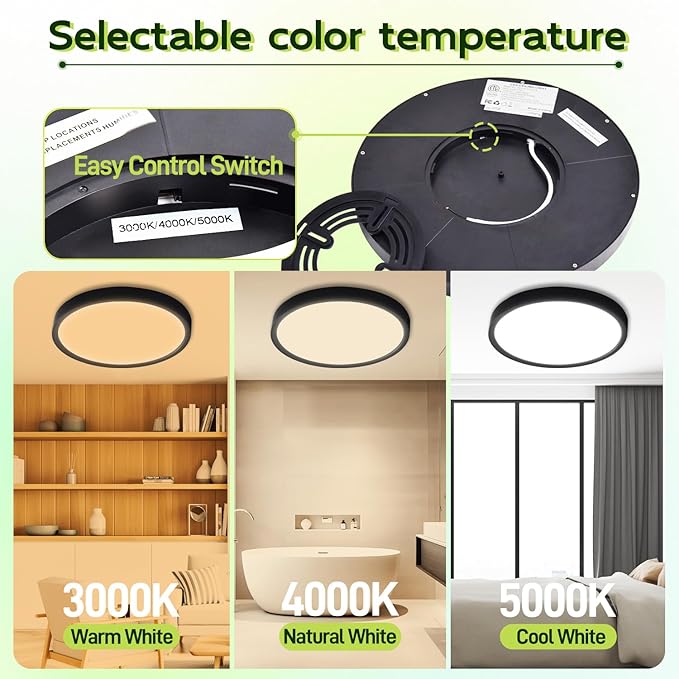 hykolity 2 Pack 9 Inch Selectable CCT LED Round Flat Panel Light, 18W 1800LM 3000K/4000K/5000K, Edge-Lit Flush Mount Ceiling Light Fixture for Kitchen, Bedroom, Laundry and Closet Room，Black