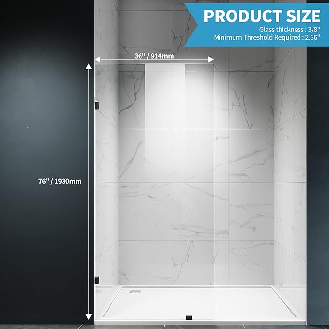 Shower Glass Panel, 36" W x 76" H Fixed Shower Screen Panel with 3/8"(10mm) SGCC Clear Tempered Glass, Frameless Walk in Shower Door for Bathroom (Matte Black, 36" W x 76" H)