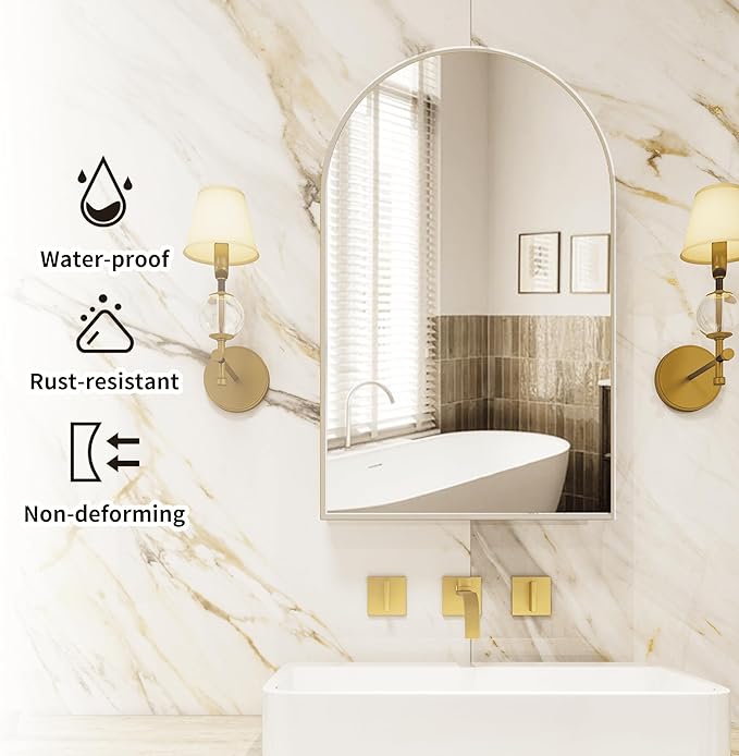 Bathroom Medicine Cabinet with Mirror Silver,Arched Wall Mounted Bathroom Cabinet with Mirror,Vanity Mirror with Storage,Mirrored Cabinet with Adjustable Shelves,Not Recessed,20x32 Inch