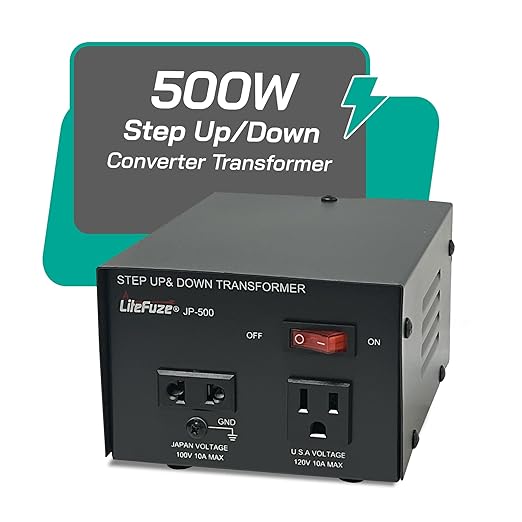 LiteFuze 500W Japan Voltage Converter Transformer – Step Up/Down 100V to 120V / 120V to 100V – Heavy Duty Power Converter with Fuse Protection & Fully Grounded Cord (JP-500)