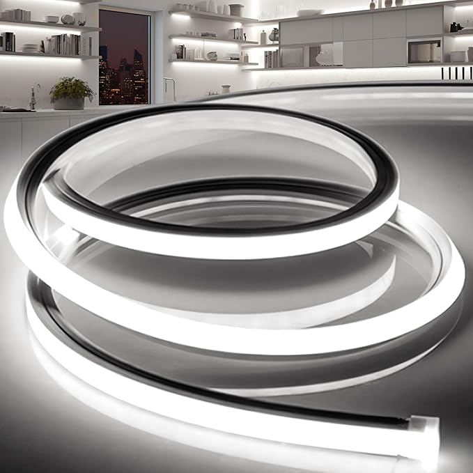 VOEWT LED Strip Lights Daylight White 6000K,16.4ft 110-120V Neon Rope Lights,Flexible Silicone Outdoor Waterproof Neon Strip Lights for Bedroom,Mirror,Kitchen Cabinet, Living Room,Halloween Decor