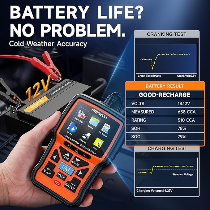 Upgraded of NT301, 2-in-1 FOXWELL NT301 Plus OBD2 Scanner Car Battery Tester, Professional Code Reader Check Engine Diagnostic Scanner Tool, 12V Automotive Cranking Charging Analyzer for 1996+ Vehicle