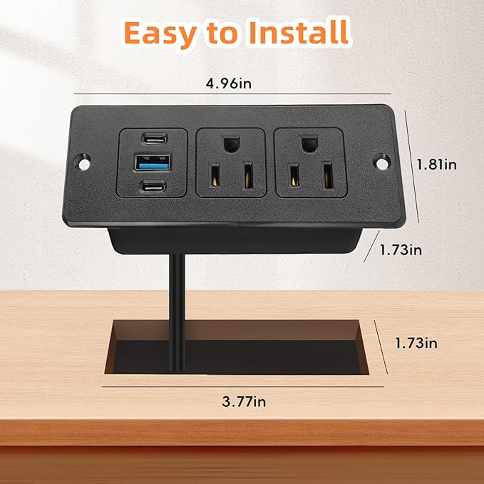 2 Pack Recessed Power Strips USB, 20W Fast Charging Furniture Outlets - 2 AC & 3 USB (2 USB-C + 1 USB-A) for Desk, Bedside, Drawer - Space-Saving, 6FT Cord, Black