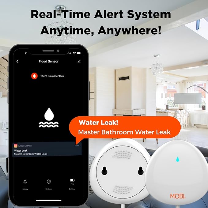 MOBI Connect WiFi Leak Alert Sensor, 24/7 Protection and Smart App Integration, Outlet Compatible, 48-inch Extension Cable (Pack of 2)