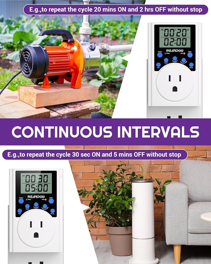 [2 Pack] Timer Outlet, Nearpow Multifunctional Infinite Cycle Programmable Plug-in Digital Timer Switch with 3-Prong Outlet for Appliances, Energy-Saving Timer, 15A/1800W