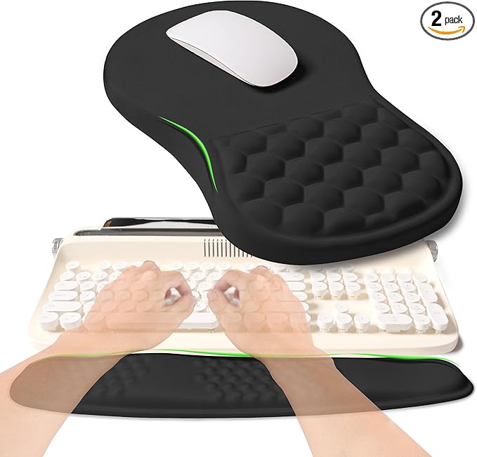 KUOSGM 2-in-1 Ergonomic Set, Wave Rise Keyboard Wrist Rest and Massage Bulge Slope Mouse Pad Wrist Support, Cushion Memory Foam Integrated to Relieve Wrist Pain, Black