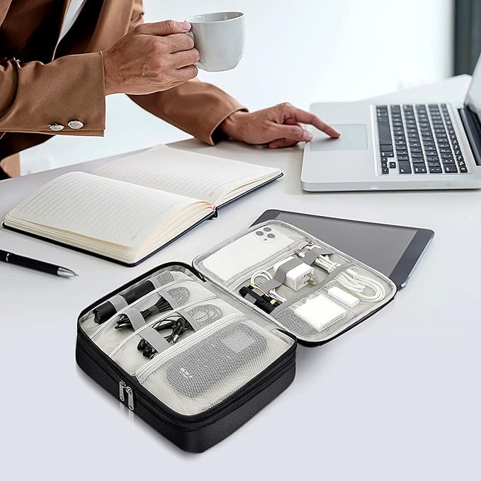 Electronics Travel Organizer, Double Layer Cable Organizer Bag Waterproof Electronics Accessories Storage Bag for Charger, Phone, Power Bank, Hard Drive, Cord, Tablet