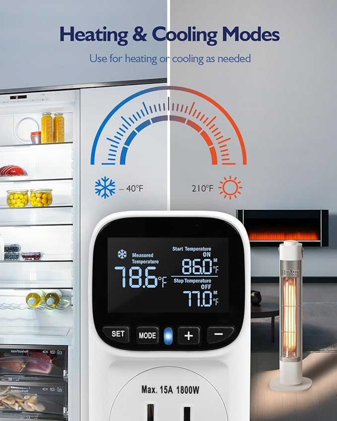 ZILLSEA Digital Temperature Controller, Heating & Cooling Thermostat Plug Outlet, –40°F~210°F, 15A 1800W, LCD Display, Temperature Controlled Outlet for Home, Greenhouse, Chicken Coop, Reptile