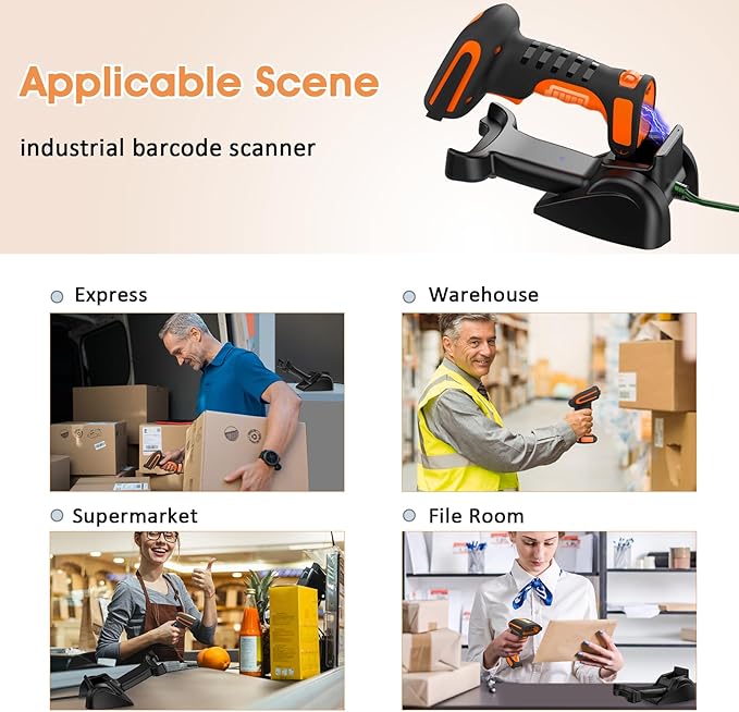 Symcode Bluetooth 2D QR Barcode Scanner with Charging Stand,Industrial Dustproof and Waterproof 3 in 1 Compatible with Bluetooth & 2.4GHz Wireless & Wired Connection with Vibration Alert Orange