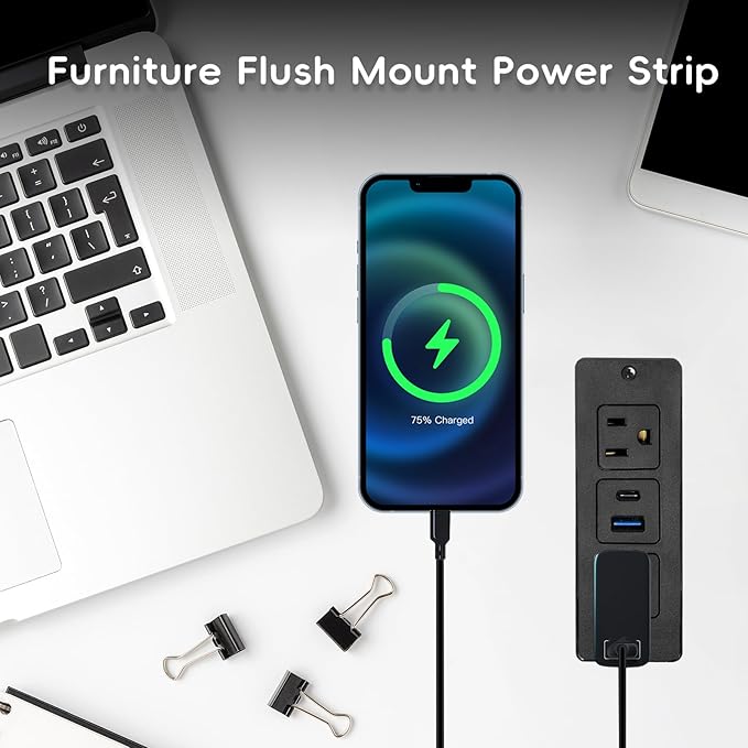 2 Pack 20W Recessed Power Strips USB, 2 AC + 1 USB-C + 1 USB-A, 6ft Cord, Space Saving Furniture Outlets for Desk/Bedside/Drawer (18W USB-A & 20W USB-C Fast Charge)