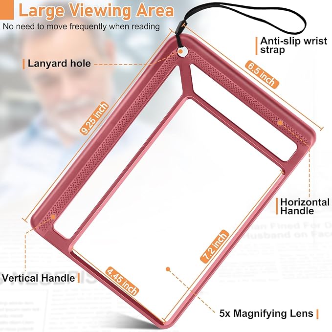 5X Full Page Magnifying Glass for Reading, Lightweight Rectangular Magnifier Provides Large Book Page Viewing Area, Handheld Magnifier for Reading Small Prints for Seniors, Low Vision-Red