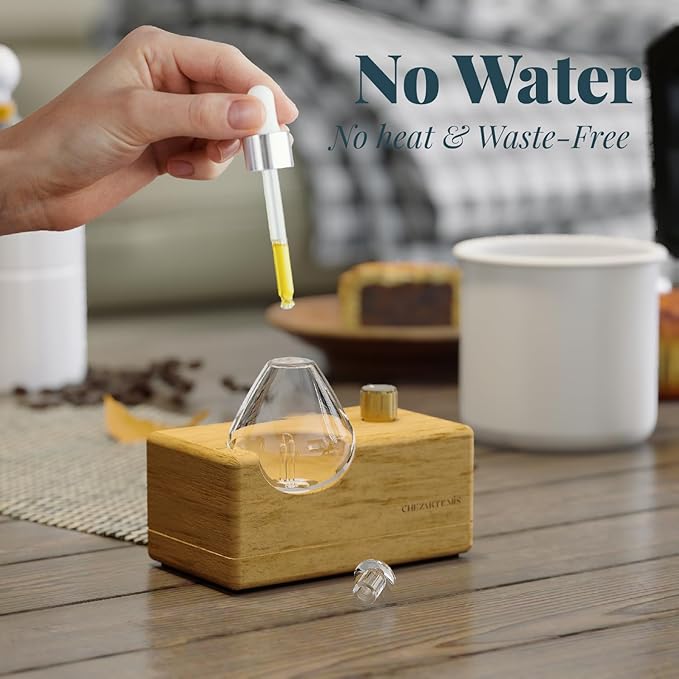 Waterdrop Glass Essential Oil Diffuser with Handmade Wood Base for Aromatherapy, Waterless Scent Diffuser for Yoga Home Office, Portable & Cordless Oil Nebulizer with LED & Timer, Valentine's Day gift