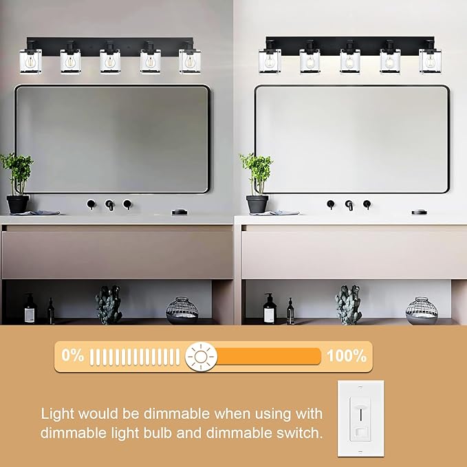 WINSHEN 5-Light Modern Vanity Lighting, Black Bathroom Light Fixture Over Mirror with Rectangular Clear Glass,E26 Bulb Base