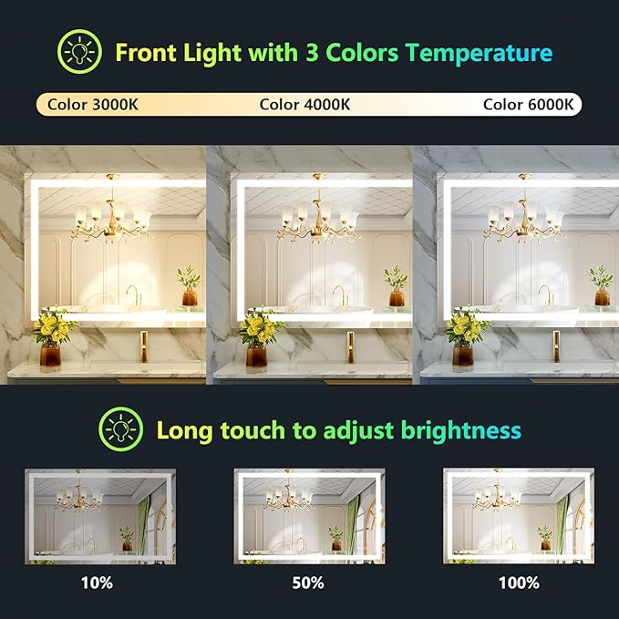 YEELAIT 44x36 Inch RGB LED Bathroom Mirror Front Lit and RGB Backlit Lighted Vanity Mirror for Bathroom Wall Dimmable Anti Fog Memory Shatter-Proof IP54 Waterproof Horizontal/Vertical