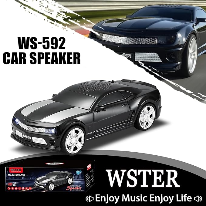WSTER WS-592 Supercar Design Bluetooth Replica Speaker – Portable Car Model Wireless Speaker with TWS Stereo, FM Radio, LED Party Lights, USB/TF Playback, Hands-Free Calling, Microphone(Black)