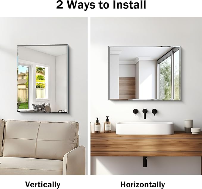 CILIBER 18x24 Beveled Mirror, Frameless Beveled Bathroom Mirrors for Wall, Upgraded Shatterproof Rectangle Vanity Mirror with Beveled Edge for Bathroom, Bedroom, Living Room and Entryway