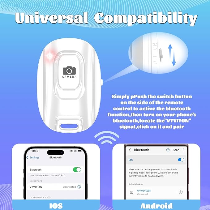 Bluetooth Camera Remote Shutter for iPhone and Android Smartphones, Rechargeable Wireless Phone Remote Control,Selfie Button for Photos and Videos, Charging Cable Included-White