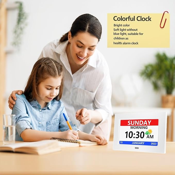 MRCHYDZ 7 Inch Clock with Day and Date for Elderly Large Display Digital Clocks 12 Alarm 3 Display Modes Large Font Alzheimer's Clock Alarm Clocks for Seniors Auto DST White