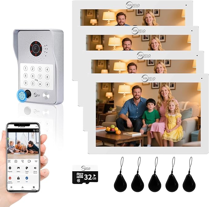 Wired Video Door Phone Apartment Intercom System,7 Inch Touch Monitor with 1080P HD Camera Doorbell,Supporting 5 in 1 Unlocking,Minitoring Motion Detecting for Home Villa,Tuya (1 doorbell + 4 monitor)