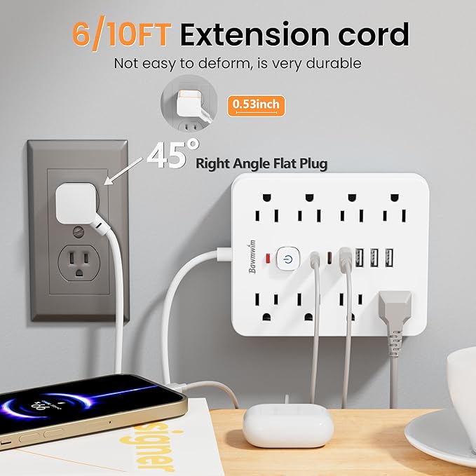 Bawmwim Surge Protector Power Strip - 8 Outlets(1250W/10A) 4 USB A（2 USB C, 10FT Flat Plug Extension Cord, Wall Mount Multi Plug Outlet Extender, ETL Listed for Home, Dorm Room