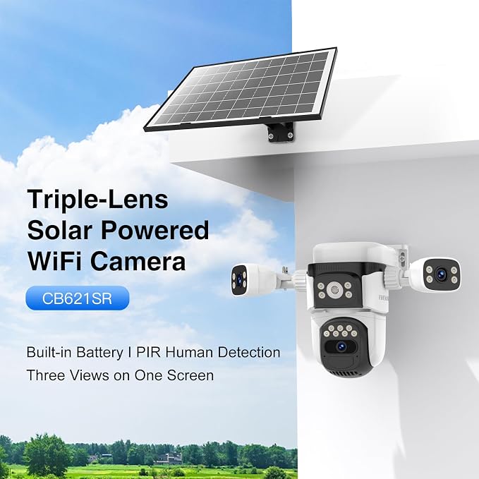 EVERSECU Solar Wireless Triple Lens WiFi PTZ Security Camera, Three Cameras in - Image 2