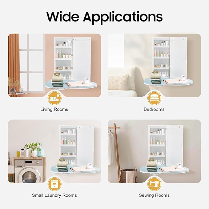Ropoana Wall Mount Ironing Board Cabinet, Built-in Swivel Ironing Board Foldable with Storage, Wall Hanging with Mirror, Foldable Iron Storage Station for Home, Apartment, Checkrooms, White
