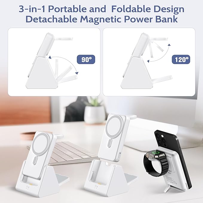 Smtcsl 3-in-1 Wireless Charging Station: Portable 10000mAh Power Bank Charger Compatible for Phone Air/17/16/15/14/13/12 Series and Watch - Detachable Magnetic Charging Stand White