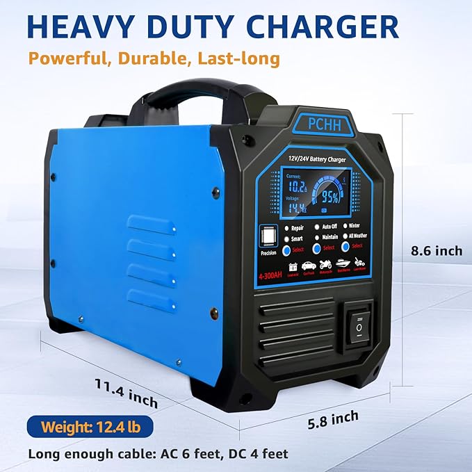 PCHH 12V 24V Car Battery Charger Heavy Duty, 0-15A Automatic Battery Maintainer, Smart Trickle Charger with Auto Shutoffs, Repair, Winter Mode, for Automotive Car Truck Motorcycle Lawn Mower Boat AGM