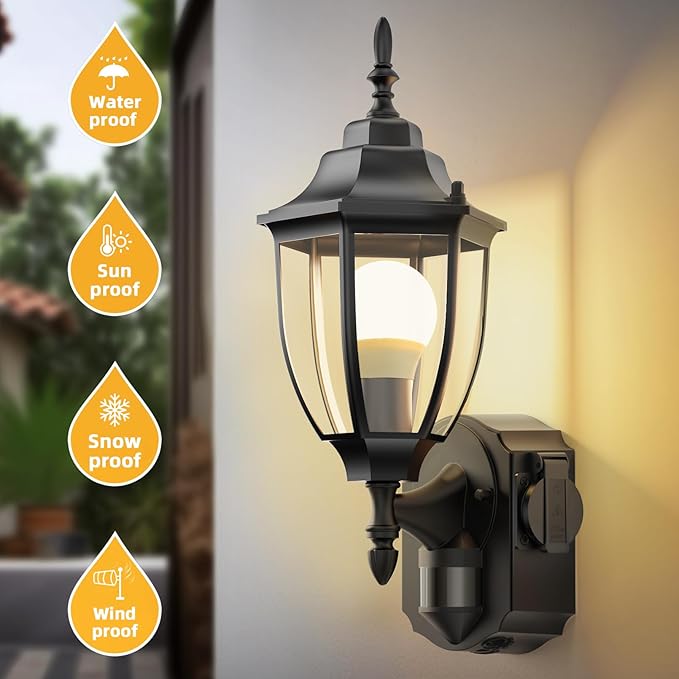2 Pack Porch Lights Outdoor with Outlet, Motion Sensor Outdoor Wall Lights, Updated Dusk to Dawn Exterior Lighting Fixtures Waterproof Anti-Rust Aluminum Outside for House Entryway Garage, Black