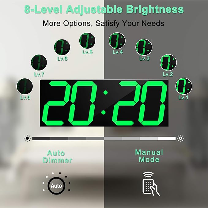 CHKOSDA LED Large Digital Wall Clock, Oversize Wall Clock with 6” Numbers, Remote Control Count up/Countdown Timer Clock, Auto Dimmer, Big Calendar and Thermometer(Green)