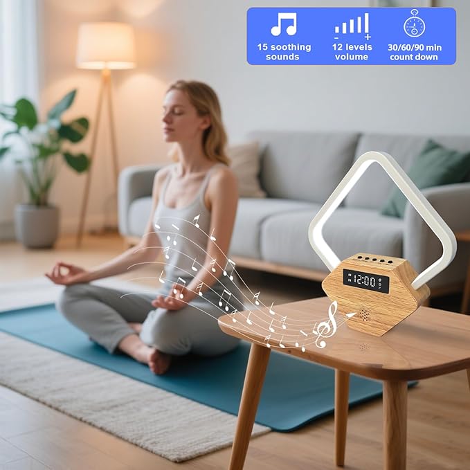 Wood Sunrise Alarm Clock with White Noise Machine 3 Color Night Light 15 Soothing Sounds Sleep Aid 30/60/90min Timer 10 Alarm Ringtones USB C PD Phone Charger Anniversary Birthday Gifts for Women Men