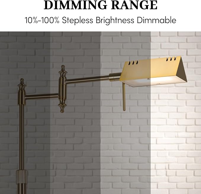 Dimmable Pharmacy Floor Lamp with Remote, 17W Gold LED Reading Floor Lamp with 360°Swing Arm, 3 Color Temperature, Height Adjustable Standing Task Lamp for Living Room, Bedroom, Office, Antique Brass