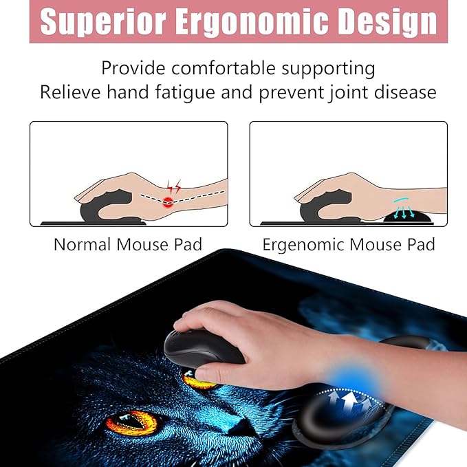 BFUKVOU Large Keyboard Mouse Pad Set, Extended Mouse Pad+Keyboard Wrist Rest Support, Memory Foam Ergonomic Easy Typing, 4Pcs (31.5×11.8 in) Desk Pad Set for Office Home,Black Cat with Glowing Eyes