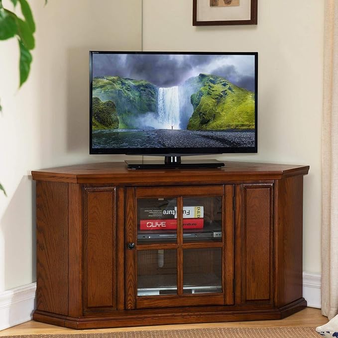 Opal Corner TV Stand for 50 Inch TVs, 46 Inch, Burnished Medium Oak, Space-Saving with Adjustable Shelf and Glass Door, Wood Entertainment Console – Leick Home, 88285