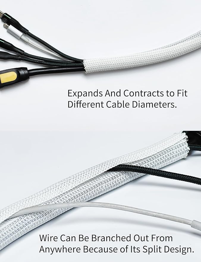 Cable Management Split Wire Loom Sleeve - Cord Hider & Protector for Desk, Pet Chew Proof, Wire Cover Organizer, Flexible Tube for Wires and Cables (5/16 Inch 12FT, White)