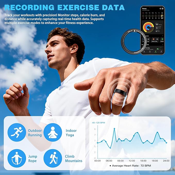 S SECRETTOP Smart Ring for Women & Men, Activity Tracker Ring, Heart Rate Monitor, Sleep Monitoring, Step Counting, Calorie Pedometer, No Subscription Fee, iOS Android (Black 10)