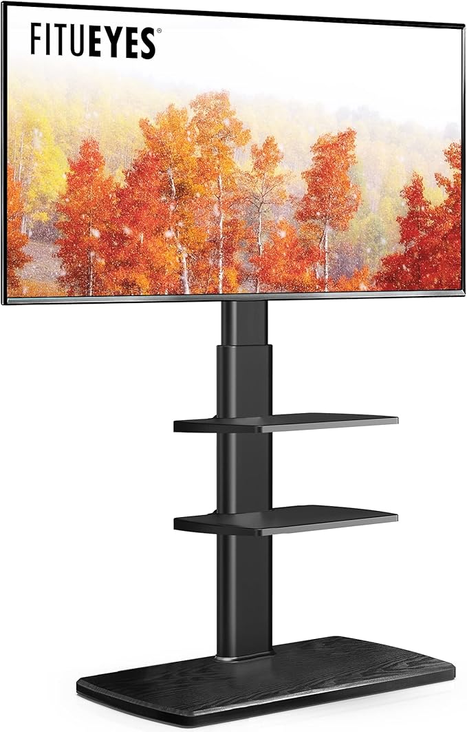 FITUEYES TV Floor Stand for Living Room Bedroom, Tall TV Stands with Sturdy Wood Base for 32 39 40 43 49 50 55 60 65 70 Inch TVs, Corner Stand with Height Adjustable Shelves, Swivel Black