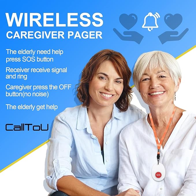 CallToU Wireless Caregiver Pager Call Button with USB Caregiver Pager, Medical Nurse Alert System Alarm and Panic Button 600+ Feet for Elderly Monitoring, Alert Button for Seniors at Home (CC06W 1-1)