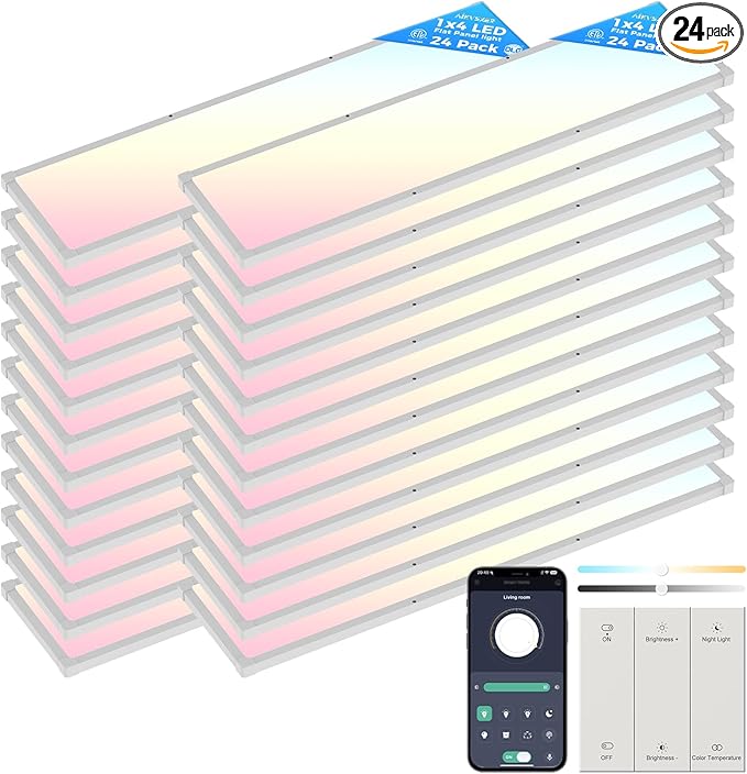 AIKVSXER 24 Pack 1x4 FT LED Flat Panel Light Surface Mount, with Wireless Switch & App Control, Night Mode, 50W 5500LM, 3000K/4000K/6500K, Ultra-Thin LED Light for Office Home,120-277V - White