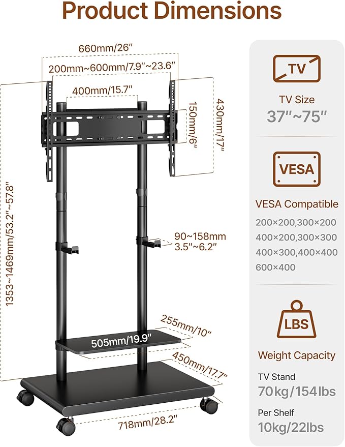 ECOTINY Steel Base Rolling TV Stand with Soundbar Mount for 37-75 inch TVs up to 154lbs, Swivel&Tilt Mobile TV Stand with Large Storage, Height Adjustable Heavy-Duty TV Cart, Max VESA 600x400mm, Black