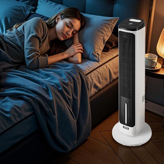 VEVOR Evaporative Air Cooler, Standing Fans that Blow Cold Air, 23.3ft/s 70° Remote Oscillating Tower Fan w/ 9-Speed 4 Mode, 24H Timer, Swamp Cooler, Portable AC Fan for Bedroom, Office