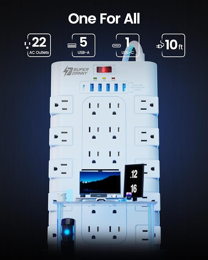 10Ft Extension Cord with Multiple Outlets, SUPERDANNY Surge Protector Power Strip (1875W/15A), 22 AC Outlets and 6 USB Charging Ports, Wall Mountable for Home, Office, Gaming Room, 2100 Joules, White