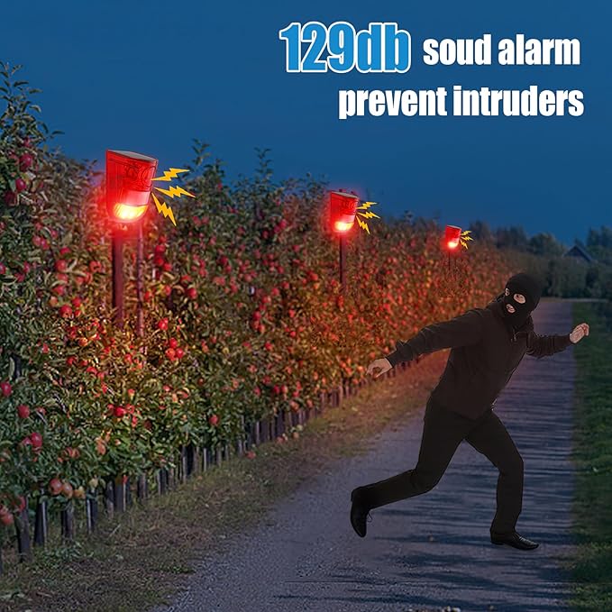 Qualirey 6 Pack Solar Sound and Light Alarm Motion Sensor 129db Outdoor Security Siren Waterproof Motion Activated Detector Alarm 6 LEDs Flash Warning Strobe System for Home, Farm (Red)